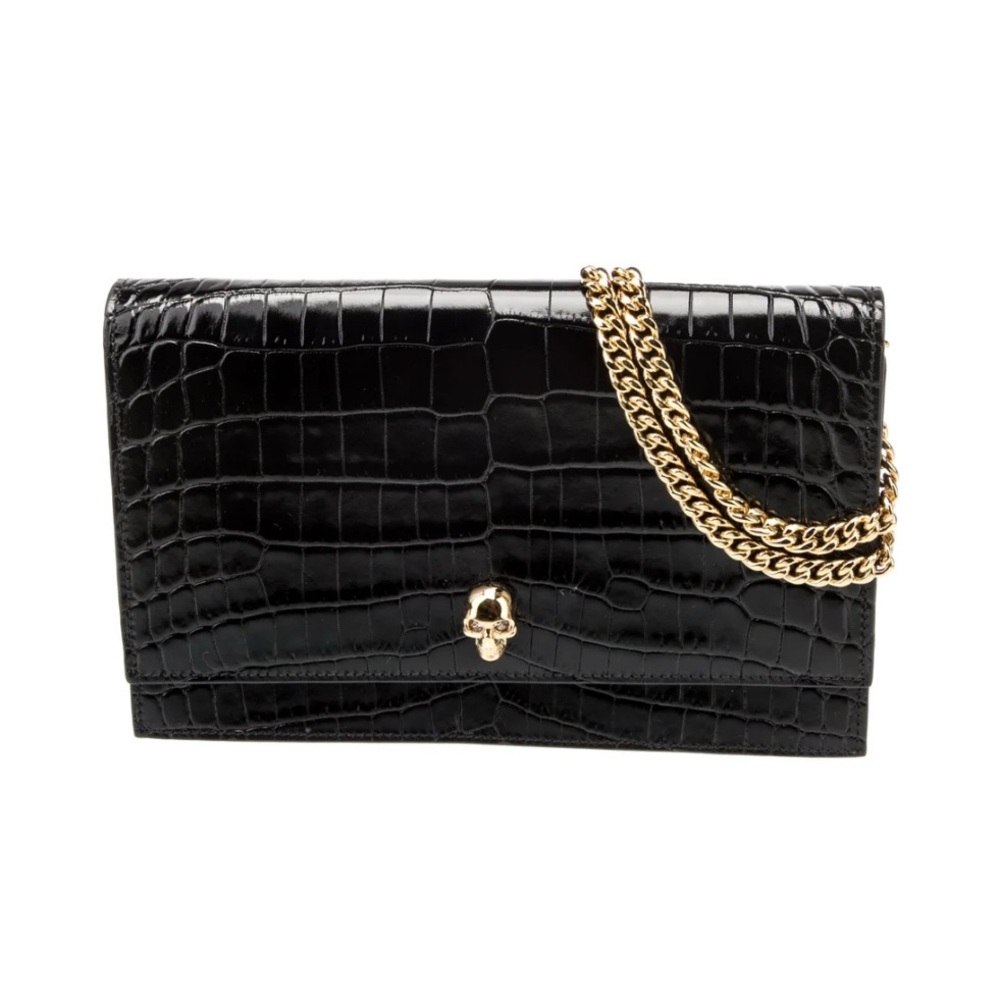 Alexander McQueen Black Croc-Embossed Clutch with Gold Skull Accent